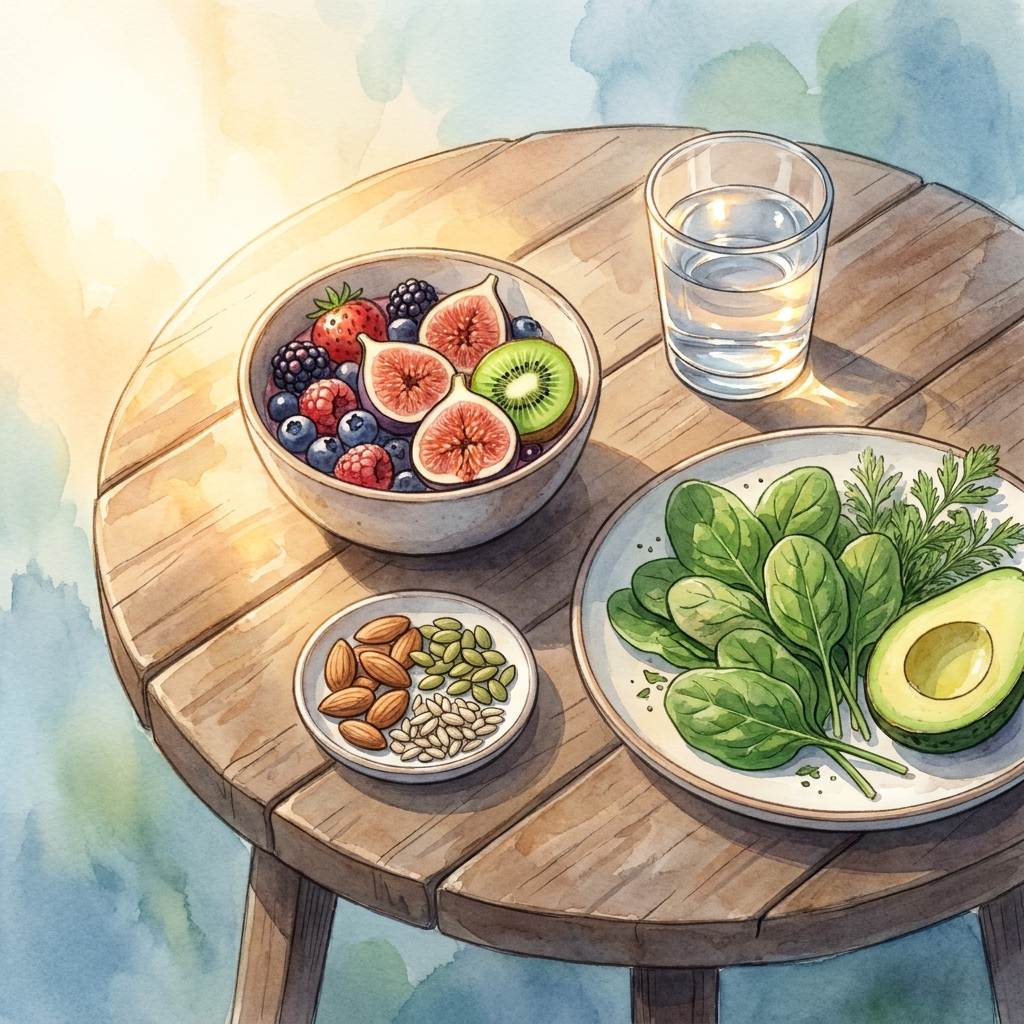 Colorful nourishing foods on a table representing the role of diet in nutrition and addiction recovery Colorful nourishing foods on a table representing the role of diet in nutrition and addiction recovery