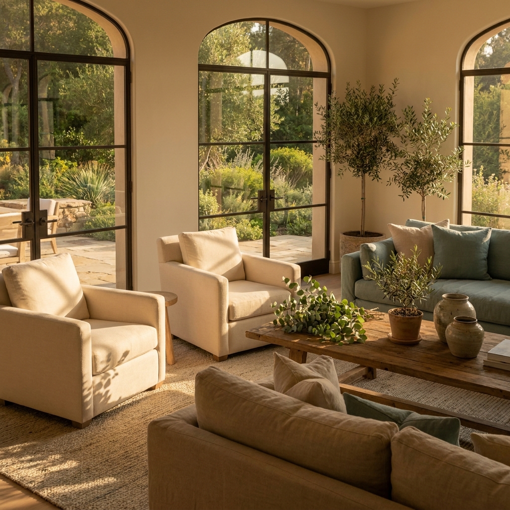 Serene luxury interior of a Winnetka CA drug rehab facility with warm lighting and upscale furnishings