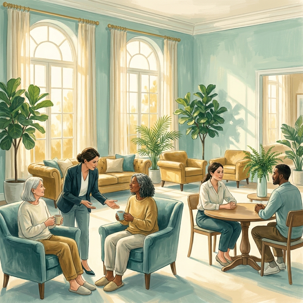 Caring staff attentively supporting residents in a serene luxury rehab facility, illustrating high staff to patient ratio rehab benefits