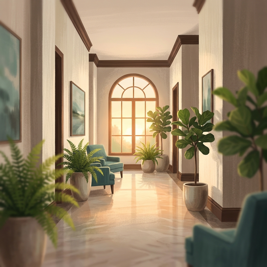 Warm hallway of a residential addiction treatment facility representing ASAM levels of care in addiction treatment