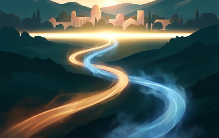Conceptual illustration representing bipolar disorder and addiction residential treatment through converging paths of light toward calm.