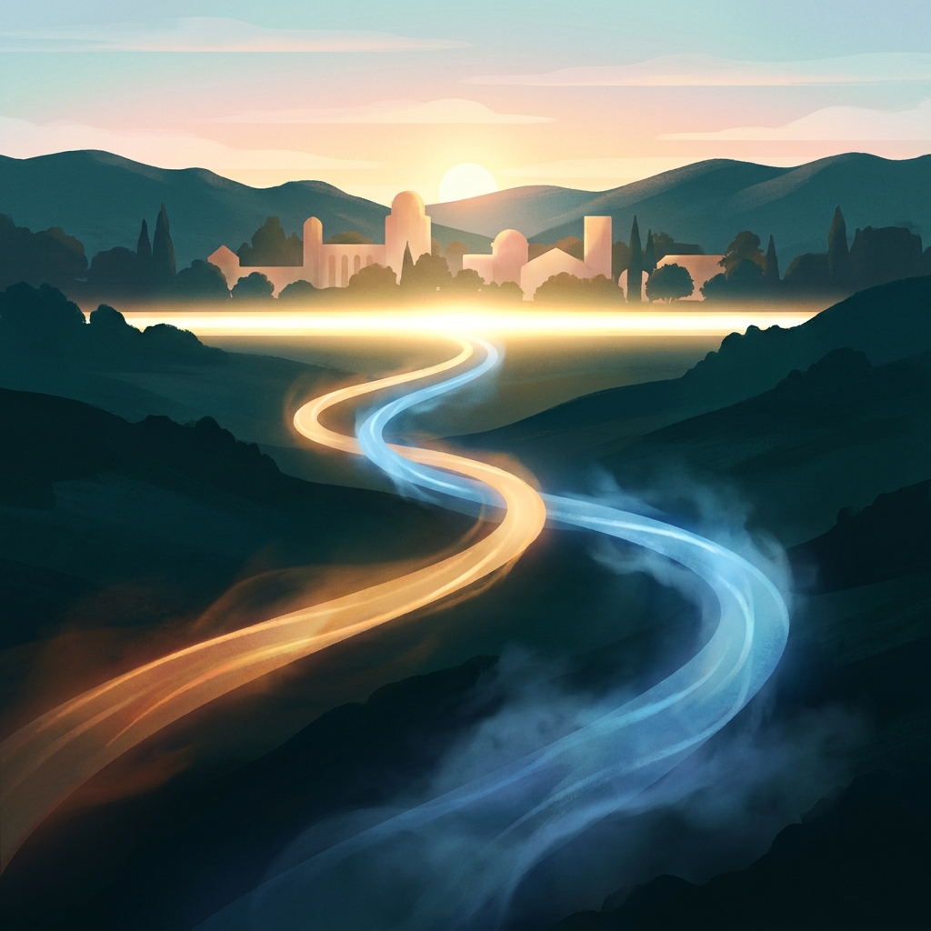 Conceptual illustration representing bipolar disorder and addiction residential treatment through converging paths of light toward calm.