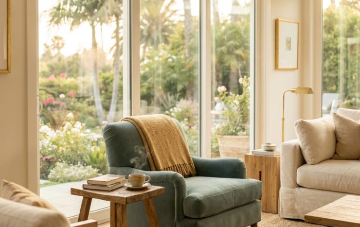 Serene residential detox facility living room in Los Angeles County with warm morning light and calming decor