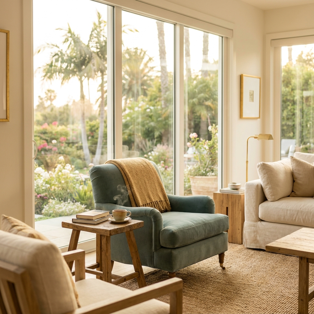 Serene residential detox facility living room in Los Angeles County with warm morning light and calming decor