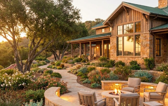 Serene garden courtyard of a quality drug rehab program facility with warm golden light and lush greenery