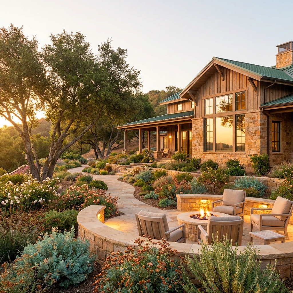 Serene garden courtyard of a quality drug rehab program facility with warm golden light and lush greenery