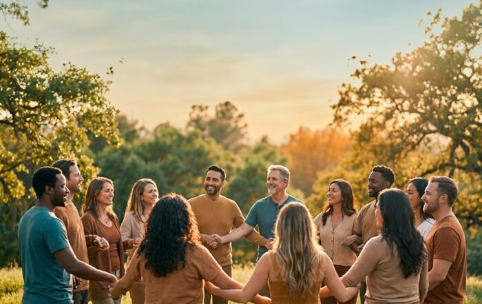 Winnetka CA Drug Rehab: Inside Regal Treatment's Luxury Recovery Program 5 Diverse group of recovery alumni standing together in warm sunlight, representing an alumni support network in addiction recovery.