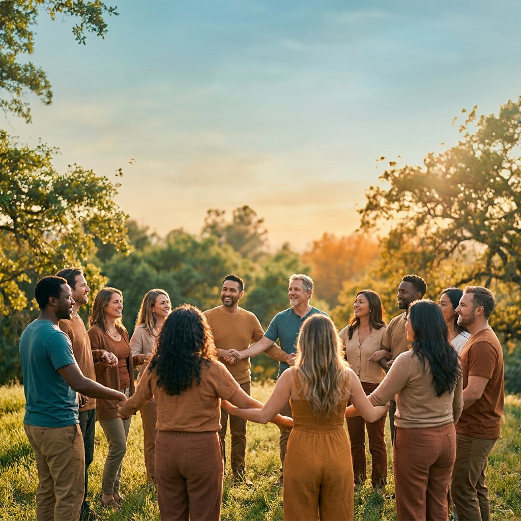 Diverse group of recovery alumni standing together in warm sunlight, representing an alumni support network in addiction recovery. Diverse group of recovery alumni standing together in warm sunlight, representing an alumni support network in addiction recovery.